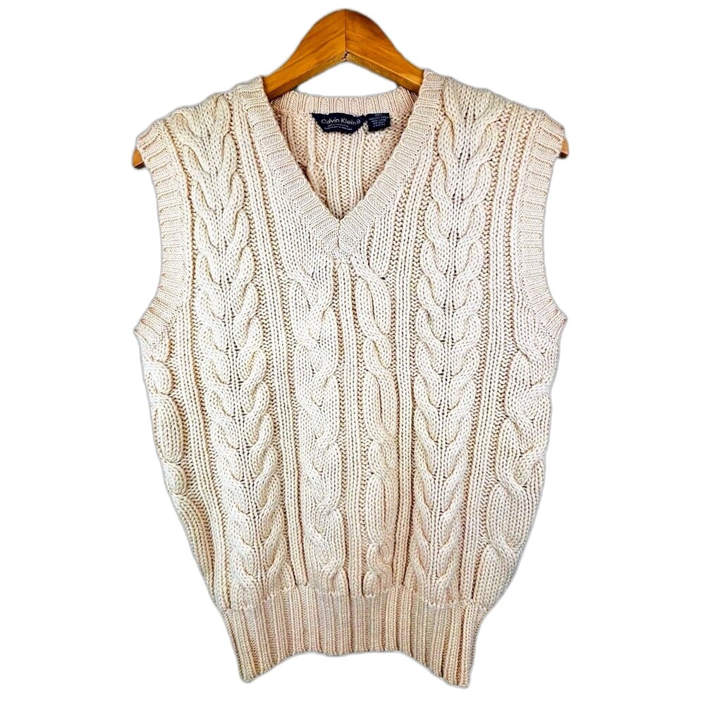 VTG Men’s Preppy Academia Worsted Wool Cable Knit Vest Small Cream Size S